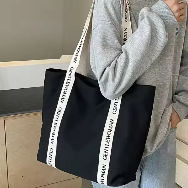 logo printed popular Canvas Casual Tote Bag with strong nylon handle silk printing School Handbag Wide handle Strap Shoulder