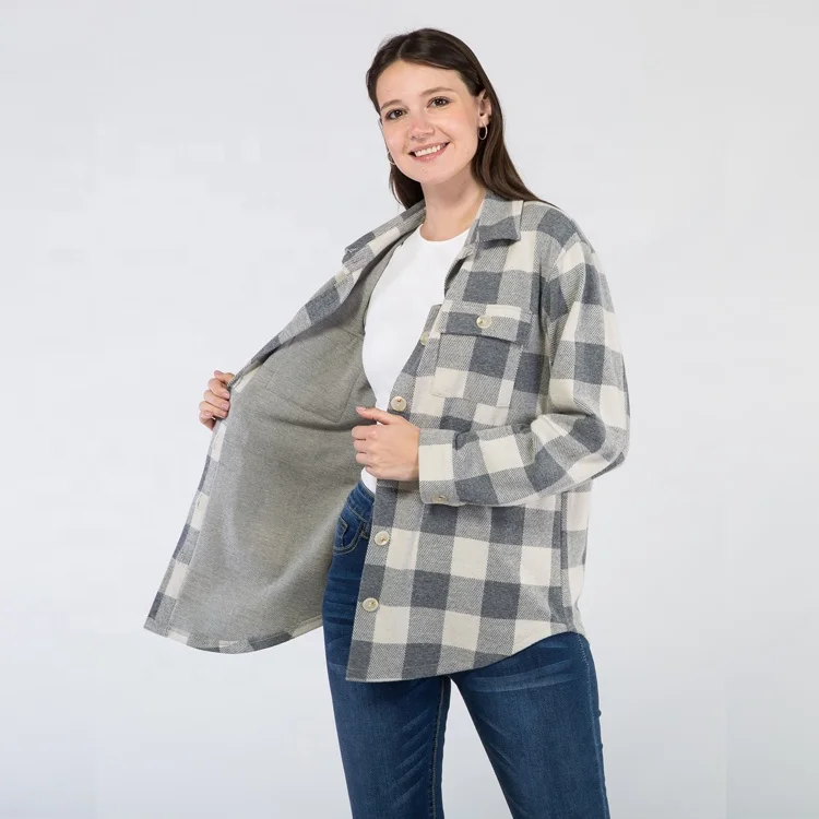 Hot Selling Winter Fleece Customized Printed Plaid Fall Oversized Shacket For Women