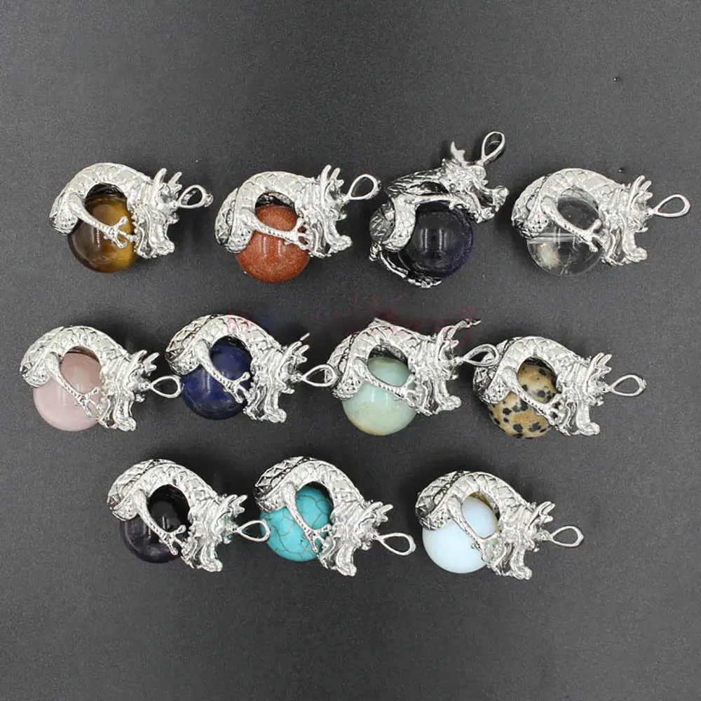 Silver Dragon Wrapped Gemstone Balls Pendant Necklace Chakra Reiki Healing Round Sphere Crystal Point Jewelry for Women Men