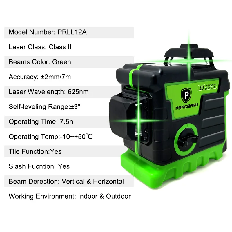 12 Lines 3D Green Horizontal And Vertical Cross Lines Laser Level
