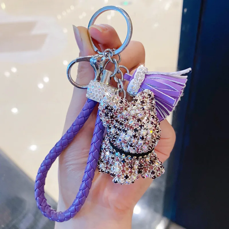 Leather  fashion crystal bear keychain sparkly popobe keyring rhinestone teddy doll handbag charm
