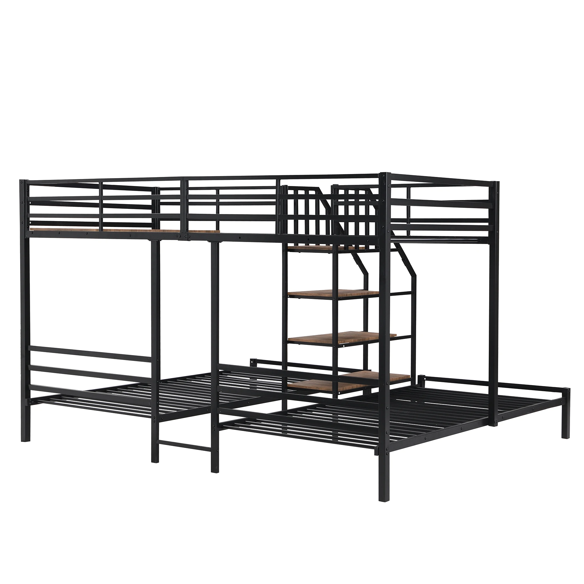 Twin Metal Bunk Bed Triple Bunk Bed Frame with Storage Shelves Staircase