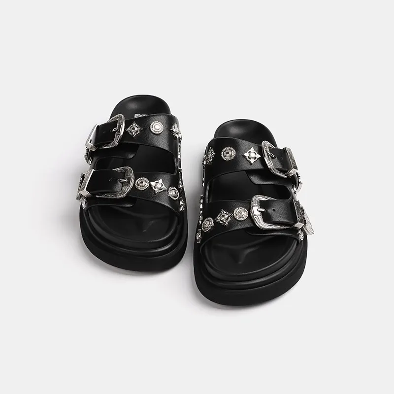 Gu Yunjia ~ Internet celebrity same style Boken slippers for women 2024 Summer new platform increased metal beach sandals