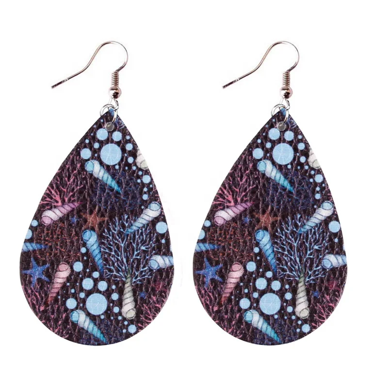 Printing Fashion Chic Trendy Feather Peach Vacation Leather Teardrop Drop Earrings for Women Vacation Faux Leather Earrings