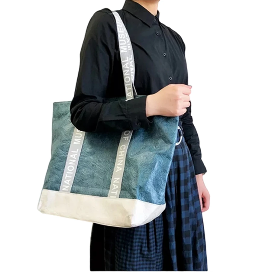 Custom Large Folding Waterproof Reusable Washable Brown Dupont Shopping Tote Tyvek Paper Bags with Logo Printing Zipper Pockets