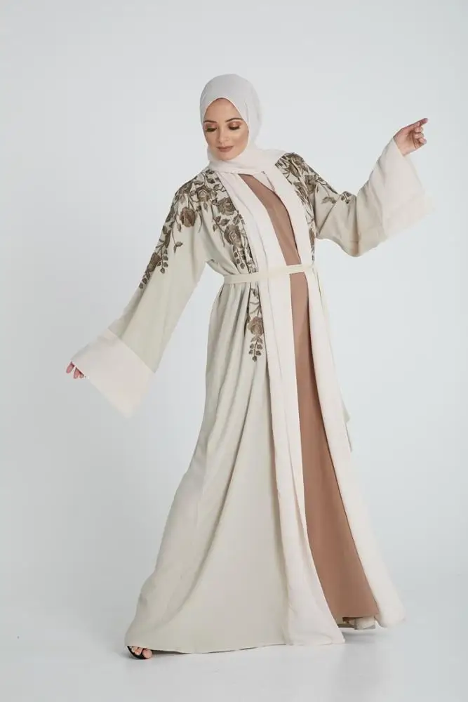 Latest Design Dubai Kaftans Islamic Front Open Floral Embroidery Muslim Women Abaya