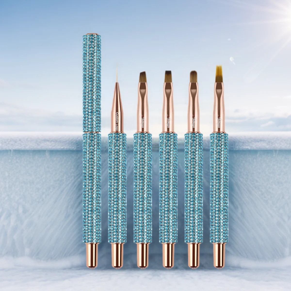 popular Nail salon brush metal handle with blue bling cyrstal liner gel nail art brush set for DIY Manicures & Salons