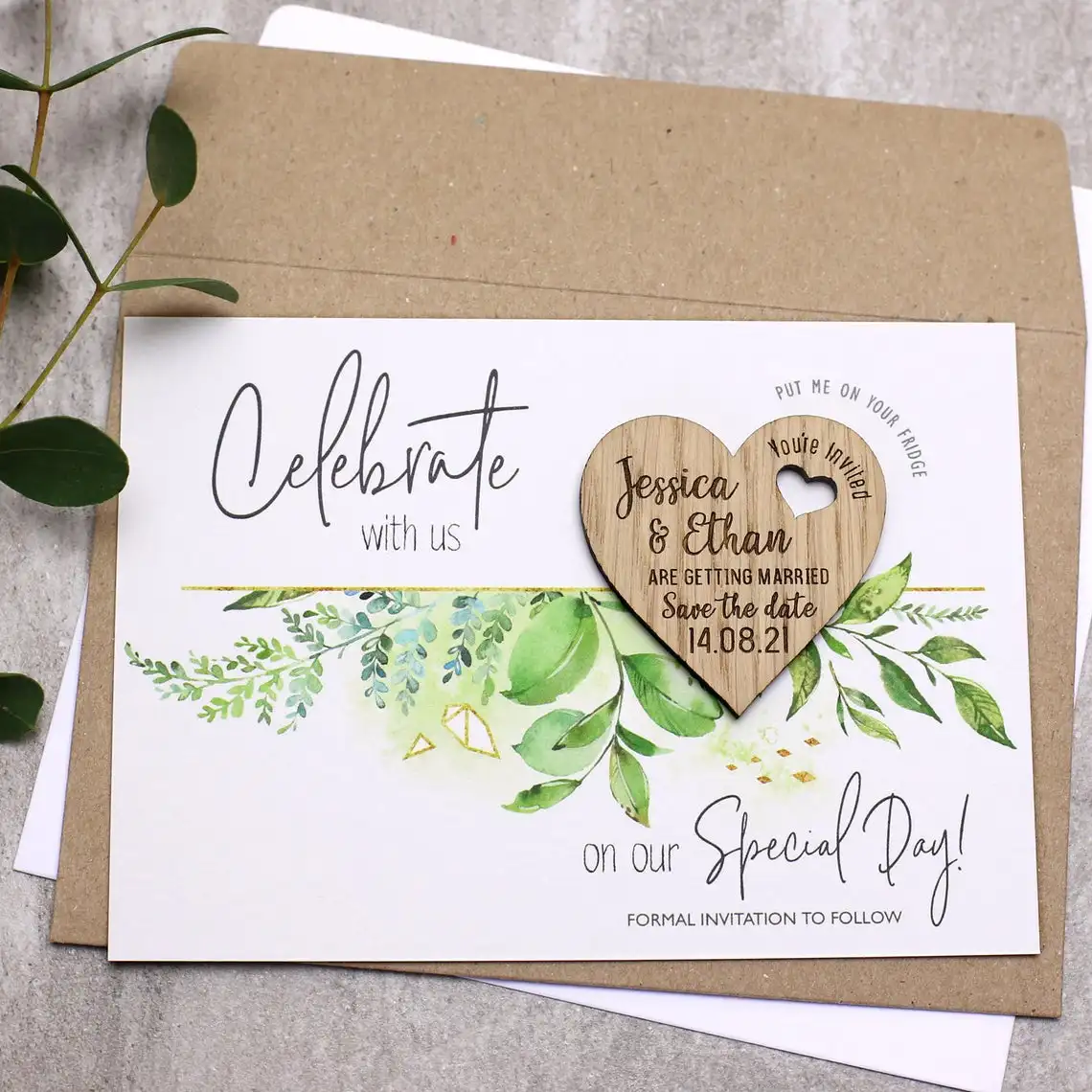 Personalised Luxury Save The Date Wooden Heart Wedding Magnets With Cards