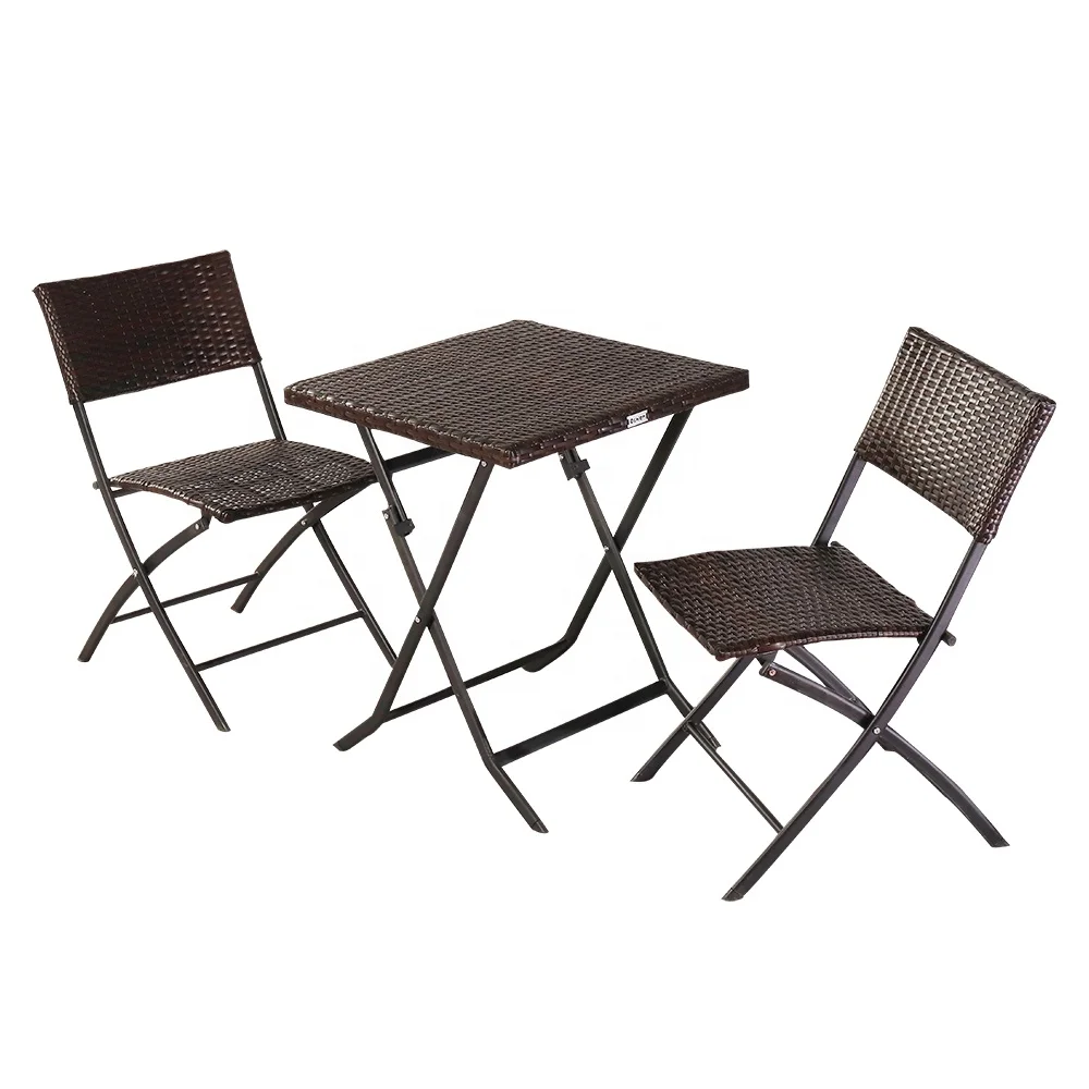 3 Piece Steel Frame PE Rattan Outdoor Furniture Folding Table Set