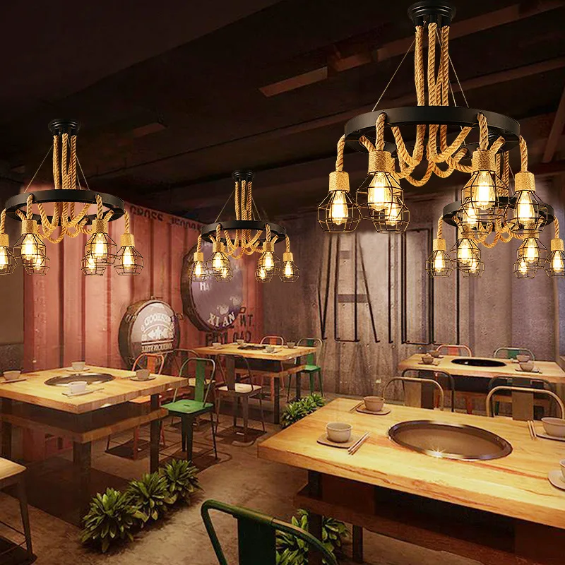 Retro Loft Creative Rope Chandelier Restaurant Bar Corridor Hanging Lamps Cafe Balcony Stair Indoor Decoration Pendant Light