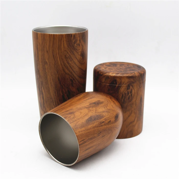 Amazon Hot Sell Double Wall Wood Grain 12 oz Stainless Steel Wine Tumblers For Gifts