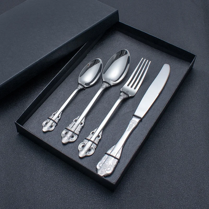High end vintage luxury forks knife and spoons food grade royal stainless steel cutlery silver gold flatware sets