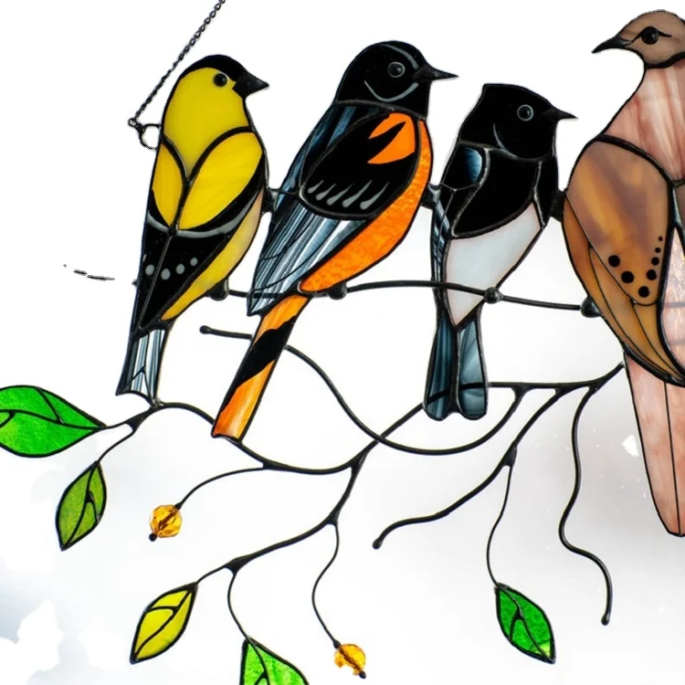 Stained Glass Panels Bird Window Panel Stained Glass Hanging Panel Acrylic Birds On Wire Home Garden Sun Catcher Bird Gifts