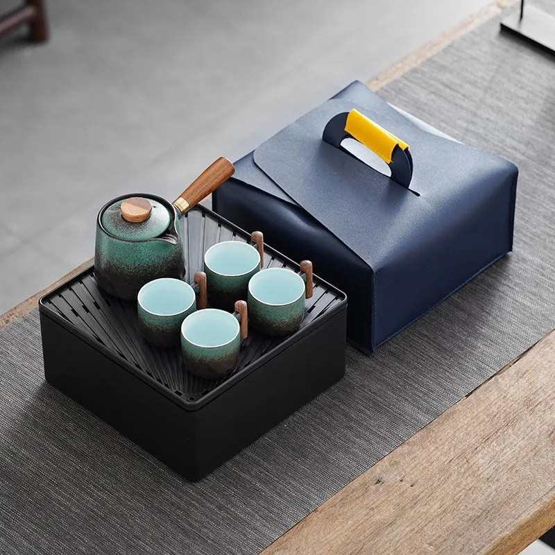 Modern Luxury Kung Fu Style Ceramic Tea Set with Wooden Handle Porcelain Teapot and Teacup for Household Use for Coffee