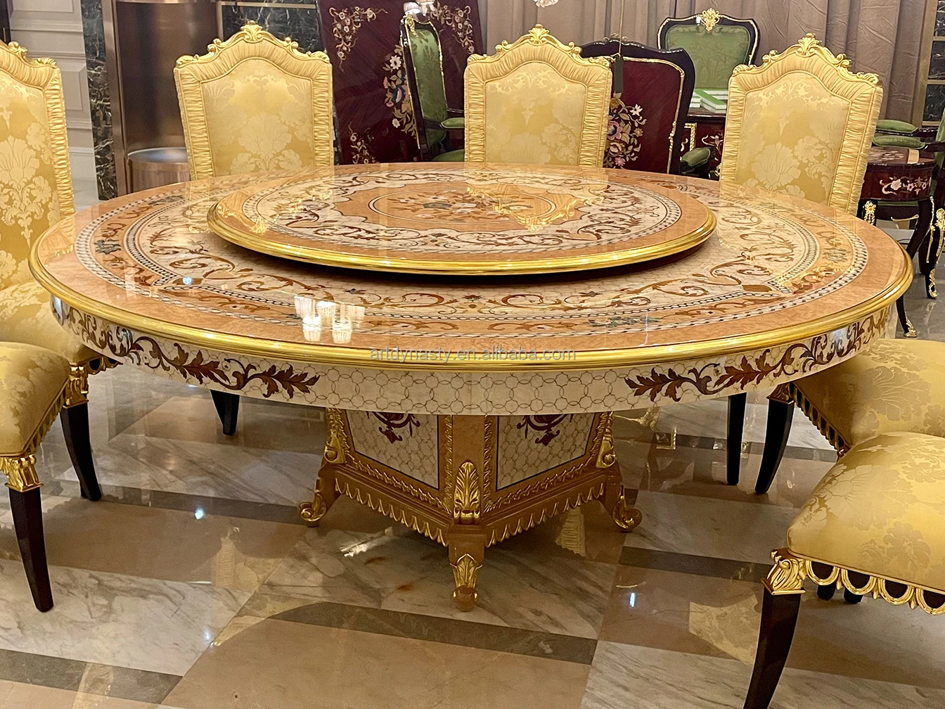 Classical Style Round Table Dinner Desk for Hotel Carved Gilded Brass Mother of Pearl Inlay Luxurious Wooden for Restaurant 1 PC