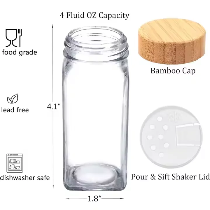 4 oz Bamboo Wood Lid Empty Square Spice Seasoning Bottles Containers Jars for Spices Glass Spice Jars Set with Label Shaker Lids