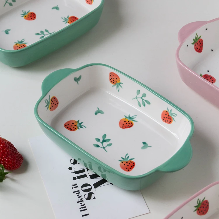 Home used strawberry pattern stoneware hand painted  ceramic backing tray bakeware