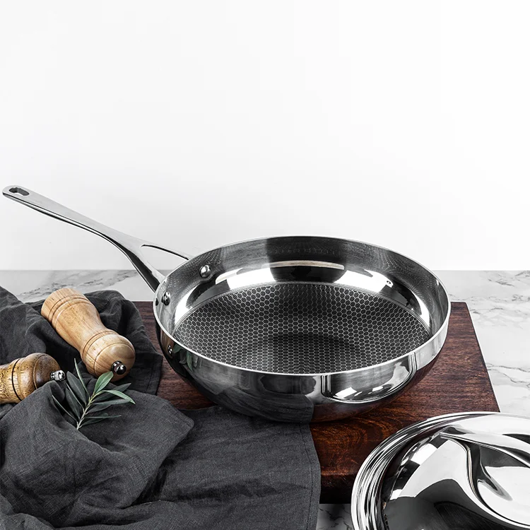 Factory Sales Custom 2.5mm Triply Stainless Steel Cooking Wok Honeycomb Non Stick Frying Saute Pan