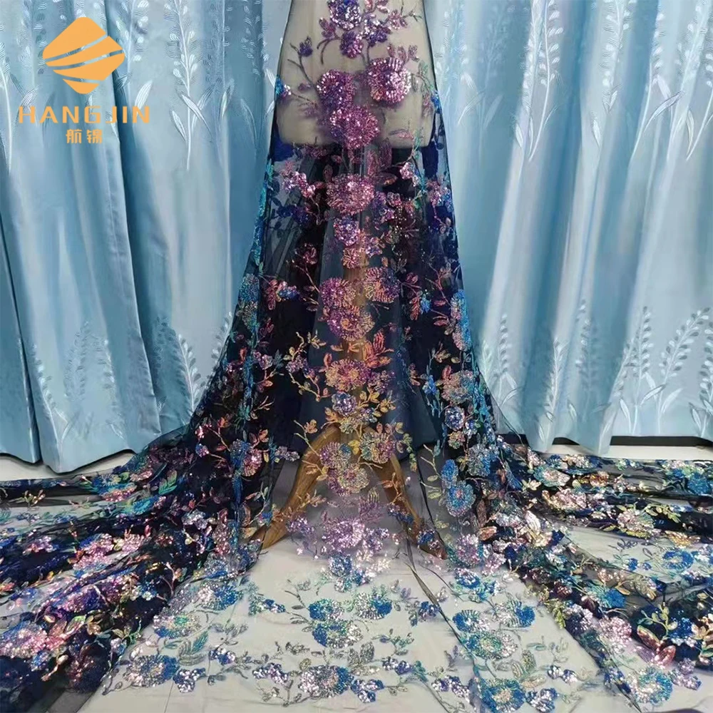 Wholesale sequin lace fabric Floral embroidered tulle fabric beaded wedding African lace sequin tulle fabric