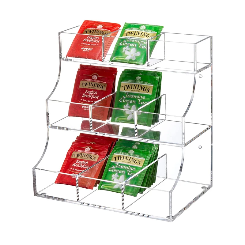 Custom Modern 3 Tier Tea Bag Organizer Rack Clear Acrylic Teabag Storage Holder Stand