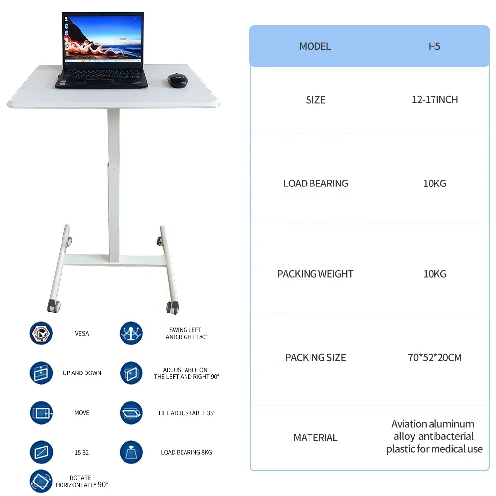 Home Office School Table Standing Desk Adjustable Height Mobile Portable Rolling Laptop Desk on Wheels Adjustable Desk