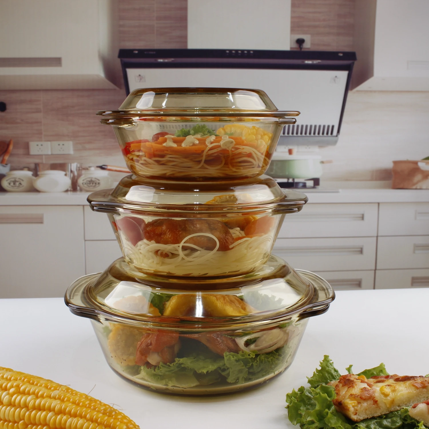 Wholesale Amber High Borosilicate Heat Resistant Bakeware glass bowl with lid Big Soup casseroles