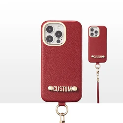 Personalize name mini letters   PU leather phone Strap case Shoulder strap  For iPhone 14 14Pro 12 13 XS Max  14Plus Phone Cover