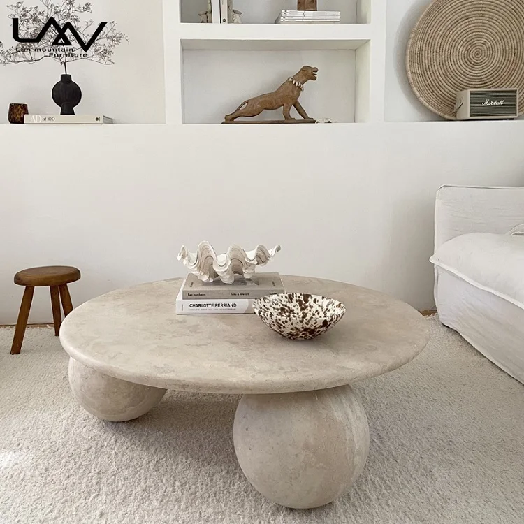 Nordic Designer Style Travertine Round Coffee Table Villa Living room Sphere Shape Leg Natural Stone Coffee Table