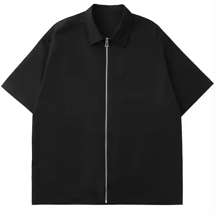New Style Black Oversized Shirts For Men Polo Neck 320 Gsm Twill Cotton Boxy Zip Up Shirt