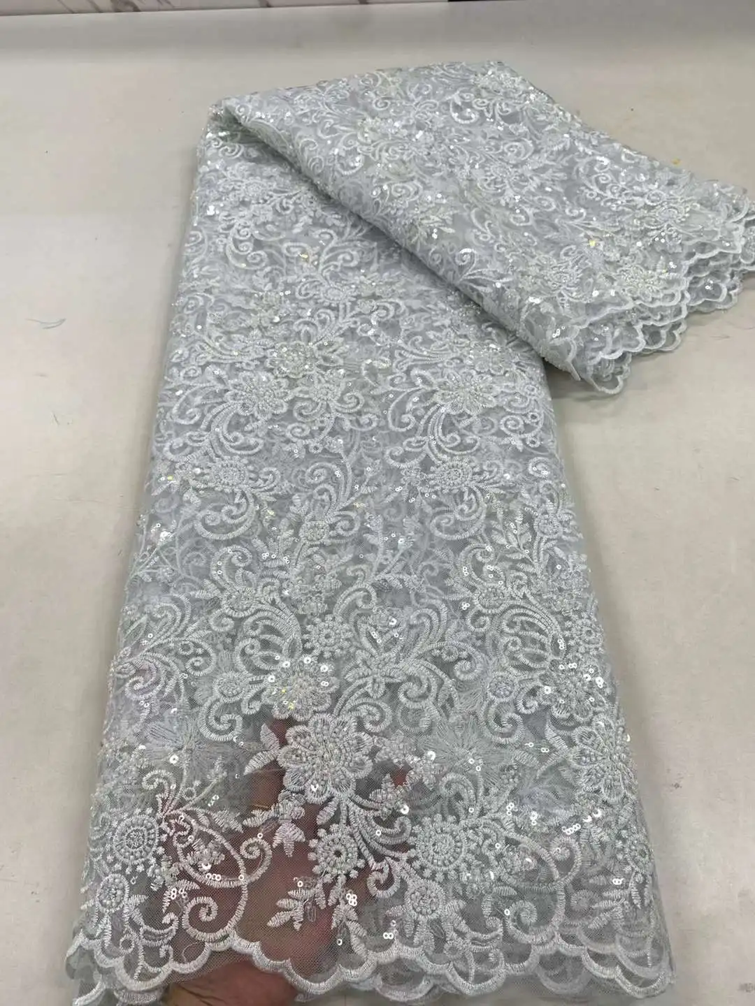 LS561 African Bead Lace Embroidery Fabric Sequins Bead Tube Mesh Gauze Fabric For Party  Dress Wedding Dress