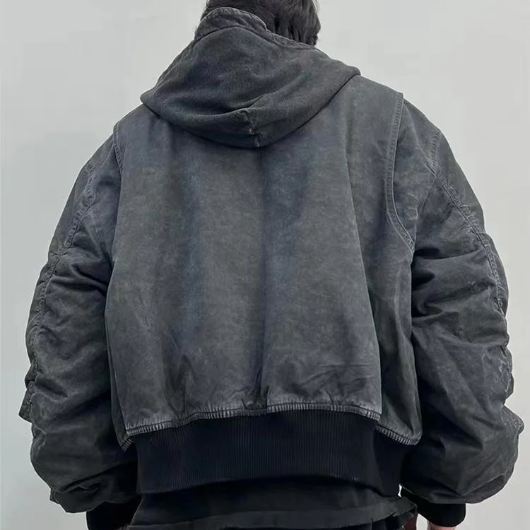 Finch garment Custom heavyweight canvas work jacket with hood distress cold dyed boxy crop workers workwear bomber jacket men
