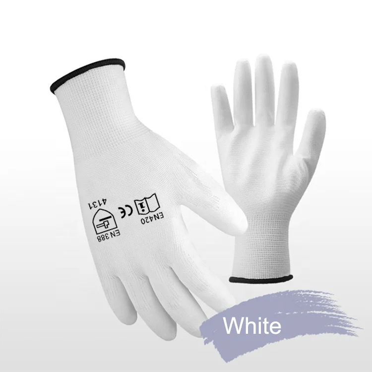 EN388 4131 Polyester Knitted Grip White Work Gloves PU Coated for Industry