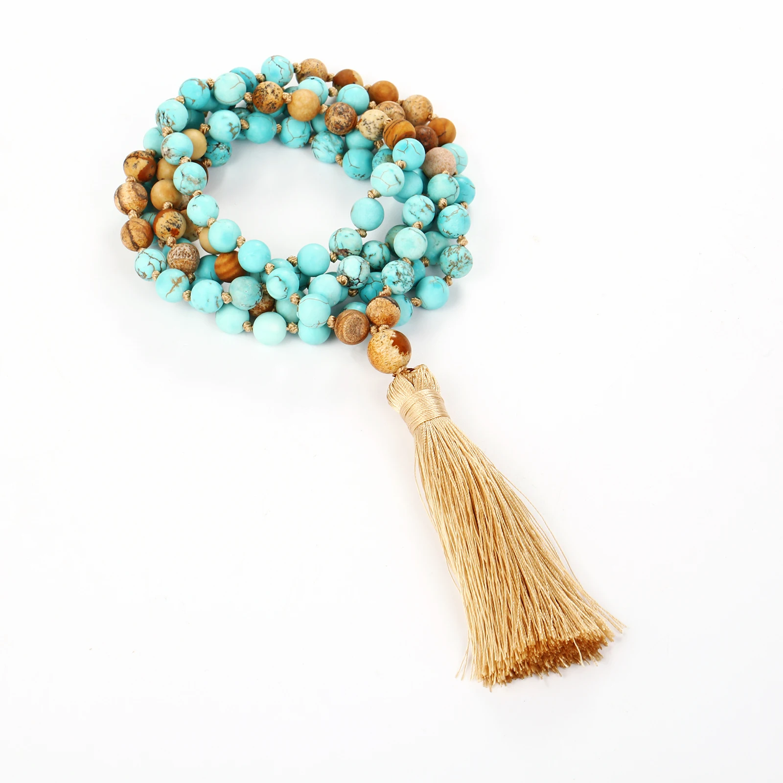 
Turquoise pendant natural beads sweater chain Bohemian colorful tassel long Beaded necklace jewelry for women 
