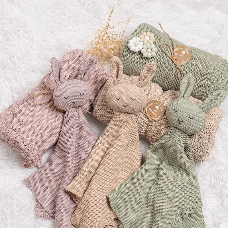 Ins Hot Sale 100% Organic Cotton Bunny Teddy Bear Koala Animal Knitted Baby Comforter Security Blanket For Newborn