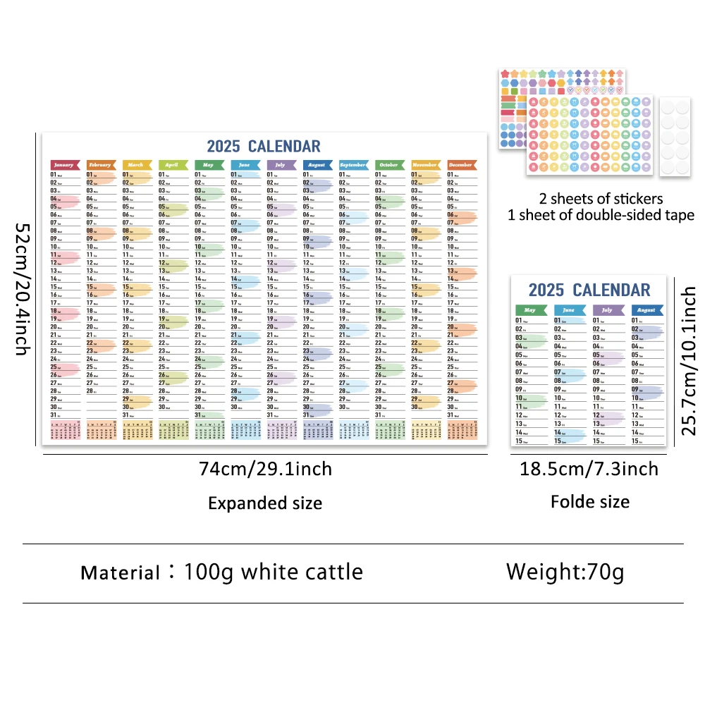 imoda 1pc 2025 Colorful Large Wall Calendar  With Stickers 365 Days Calendar The Year Planner Memo Schedules Calendar