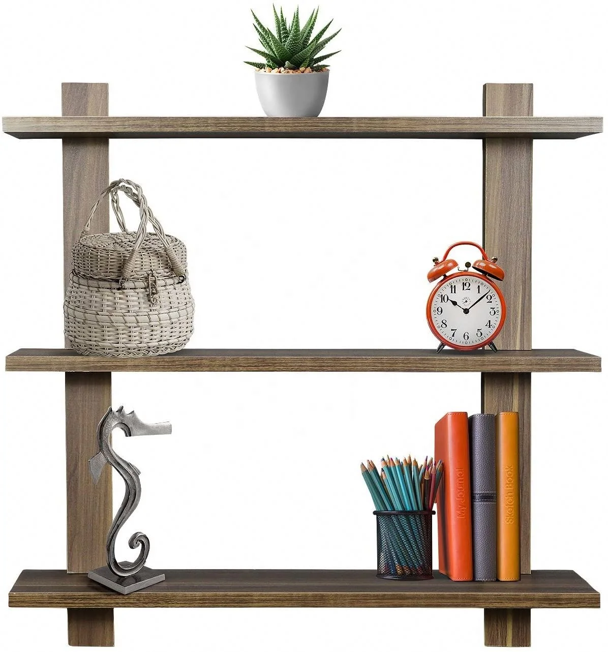 3 Tier Walnut Floating Shelf Asymmetric Square Wall Shelf Decorative Hanging Display Wall Mounted Hanging Shelf