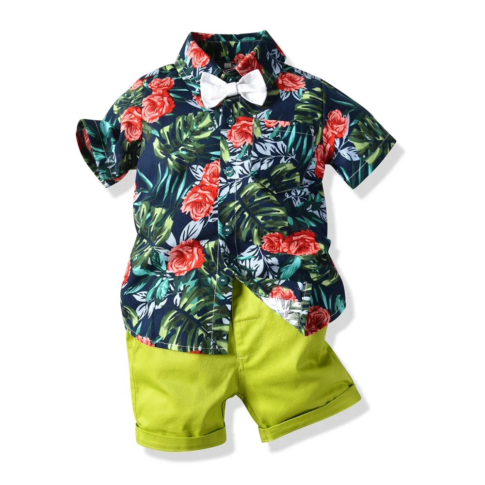 JF Children Clothing Two Piece Boy Clothes Flower Shirt Fashion Bow Tie Shorts With Pockets