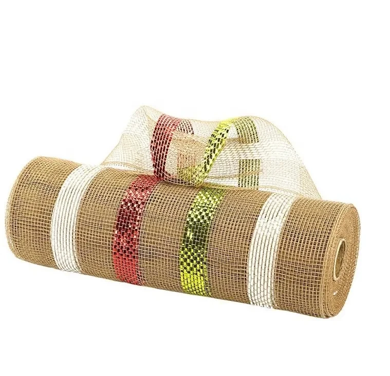 Faux Jute PP Stripe Fabric Mesh Wholesale Colorful Decor Flower Wrapping Decor Mesh Christmas Wreath Making Gauze