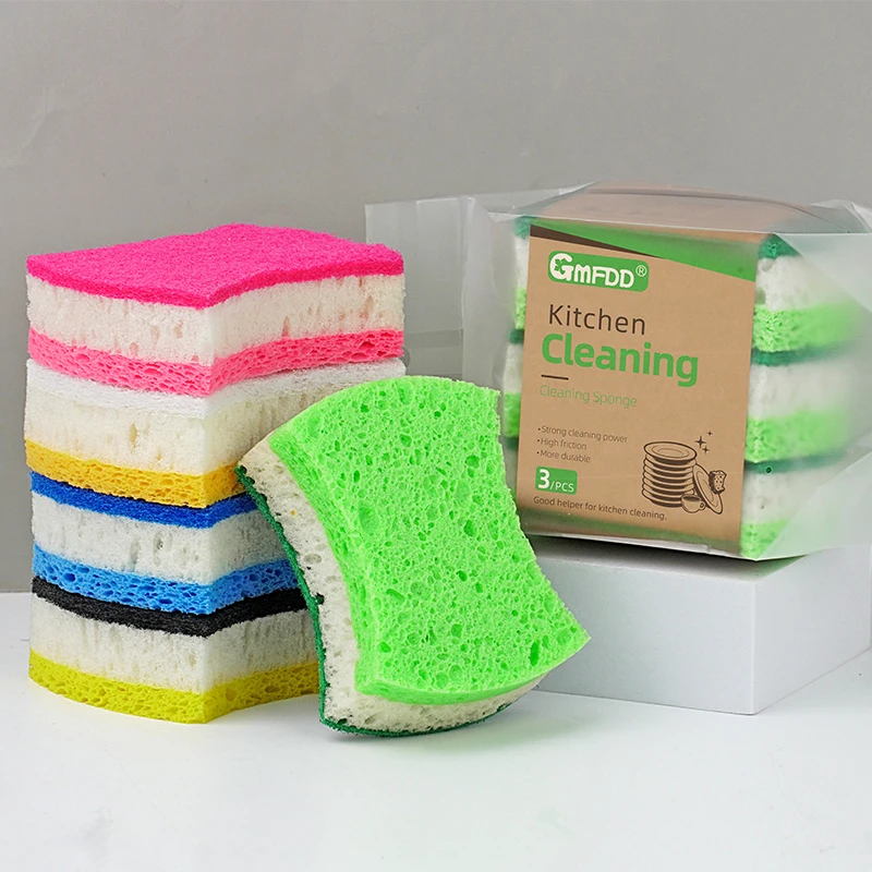 Wholesale waist shaped wood pulp cotton kitchen dishwashing tool diamond sand scouring pad wear-resistant pure natural wood pulp