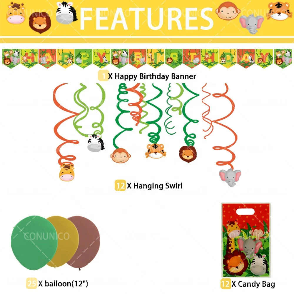 
New Jungle Safari Animals Theme Party Supplies Hanging Swirls Decoration For Kids Birthday Party Eco-friendly Disposable 