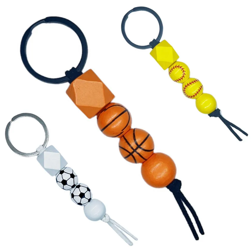 monogram basketball football tennis baseball volleyball keychain wooden bead printing keychain