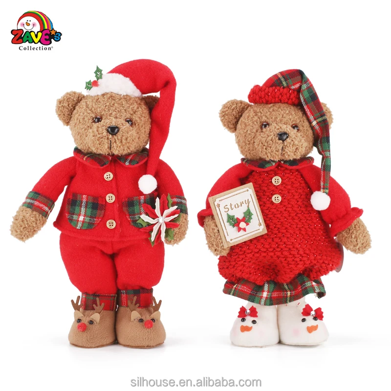 13-In Teddy Bear Pair in Plaid Pajama Cute Soft Standing Ornament for Christmas Home Decor