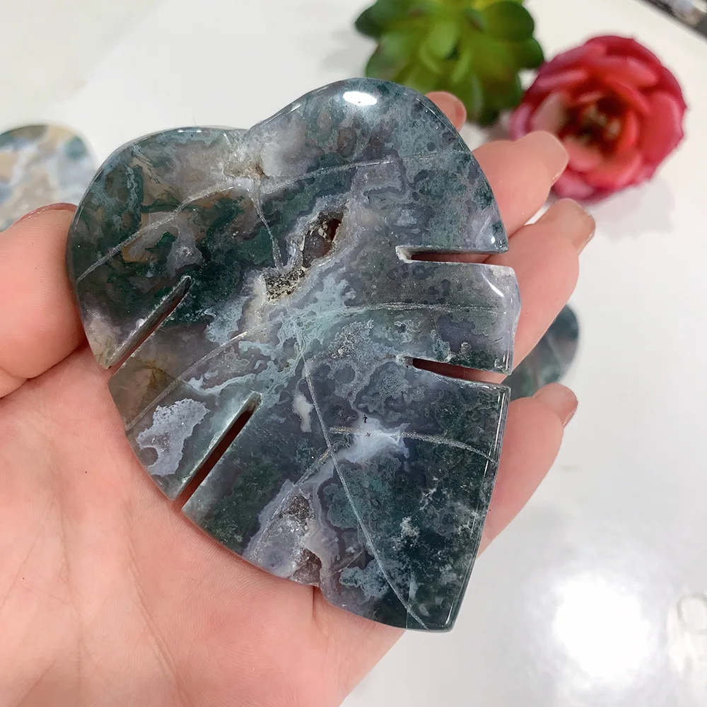 New arrivals hand carved healing stones crystal crafts natural leaf shaped moss agate