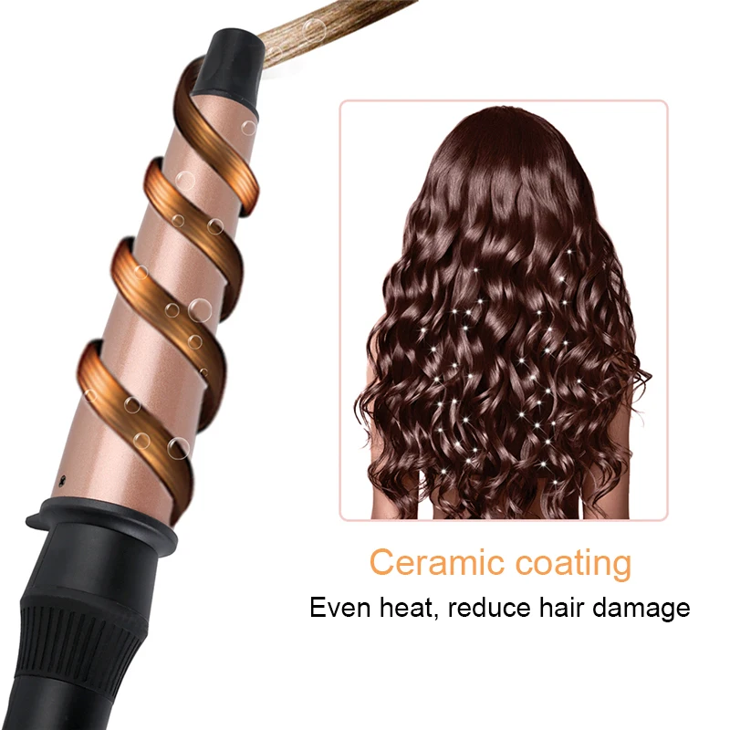 Pro Ceramic Conical Curling Wand, Digital Switch + 4 Heat Settings, 1-1.5 inch hair curling iron, Black/Pink