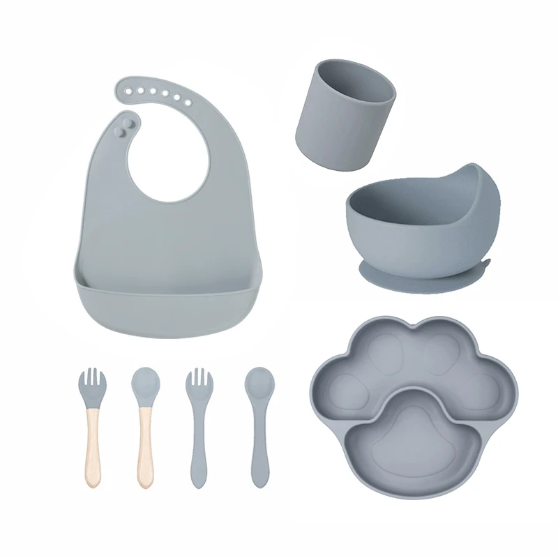 Food Grade Silicone Baby Feeding Starter Set Suction Bowl Plate Soft Bib Sippy Cup Spoon Fork Portable Feeding Set For Babies