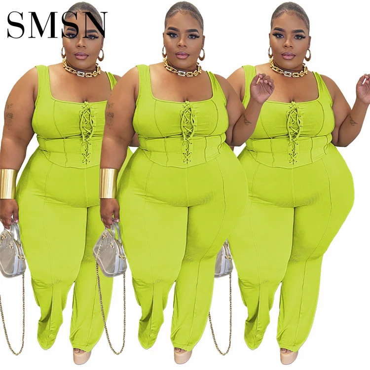 Plus-size 2 piece set women fall 2022 new solid color threaded vest casual two-piece set