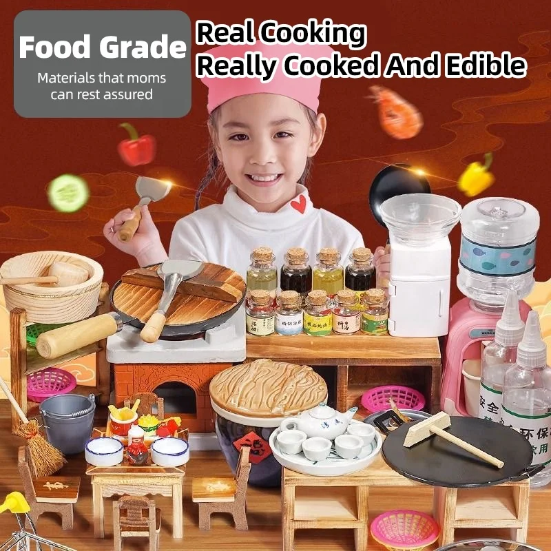 Kids Mini Kitchen Role Play Cook Play House Toy Stir-fry Cooking Toys True Boiling Wooden Complete Simulation Kitchen Set