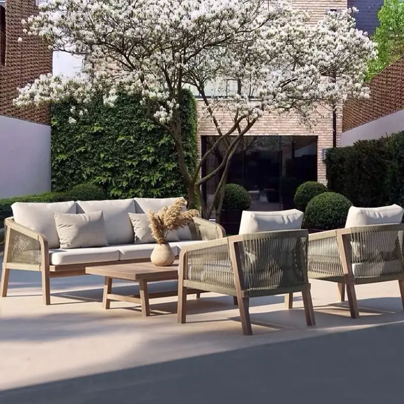 Foshan factory direct high quality patio lounge chair outdoor furniture rope garden teak sofa for hotel