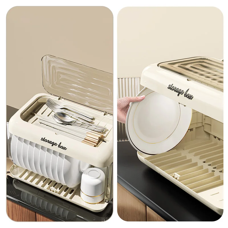Household Double Storage Organizer Plate Dish Bowl Cup Spoon Storage Drainer Rack Kitchen Plastic Dust-Proof Cupboard