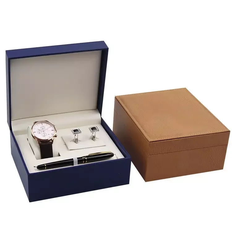 Custom Handmade Pu Leather Display Packaging Watch Pen Cuff-links Box For Gift Luxury Black Gift Box Set For Watch Pen Cuff-link